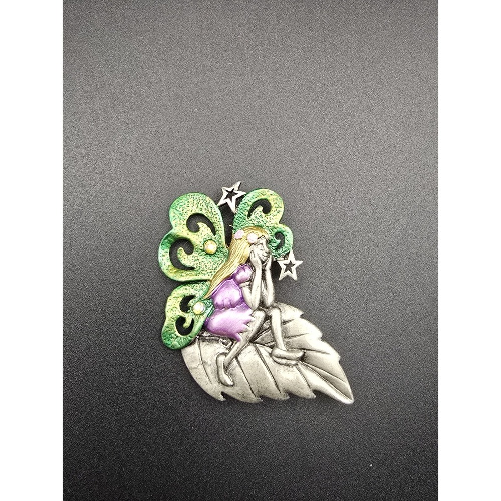 Patricia Darling Dash DD Fairy Brooch Elven Fairy Pondering On Leaf Pewter